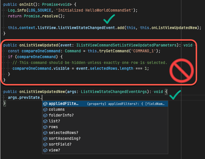 Figure 4: Comparing the old vs. the new way of handling list view events to get additional context Figure 4: Comparing the old vs. the new way of handling list view events to get additional context
