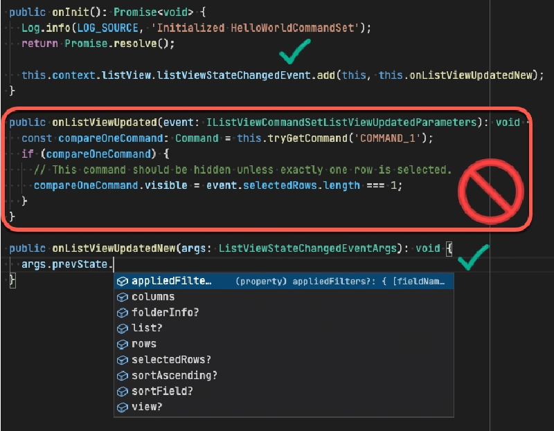 Figure 4: Comparing the old vs. the new way of handling list view events to get additional context
