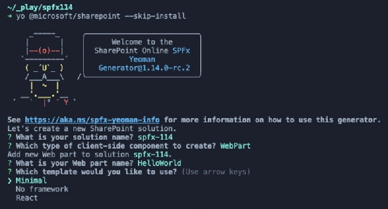 Figure 2: Updated SPFx generator prompts & template options
