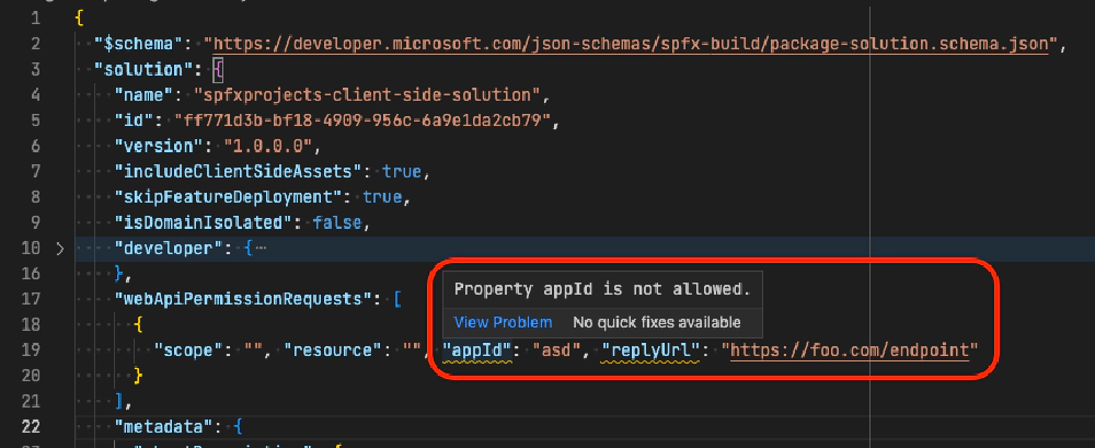Validation error with package-solution.json Validation error with package-solution.json