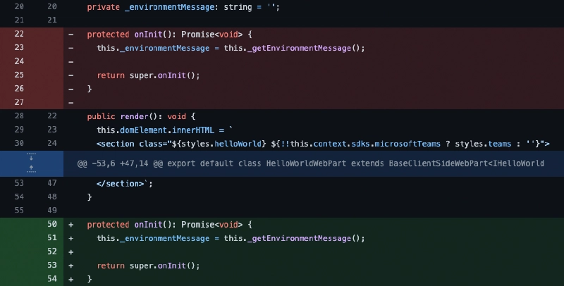 Code diff showing `onInit()` moved to come after `render()` for all new web parts, including the minimal, no framework and React template options. Code diff showing `onInit()` moved to come after `render()` for all new web parts, including the minimal, no framework and React template options.