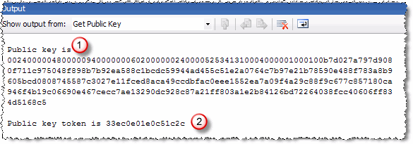 Results of Get Public Key menu item in the output window